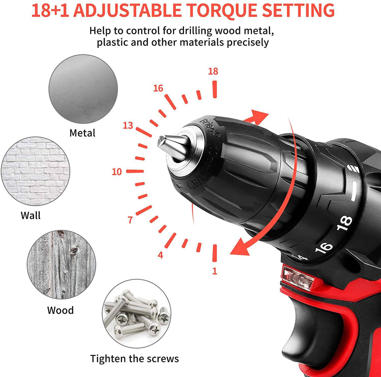 Ragu Kit de taladro inalámbrico de 12,6 V, taladro eléctrico con 2 baterías y cargador, 34 piezas, ajuste de par de 18+1, portabrocas sin llave de 3/8 pulgadas 30 Nm máximo, destornillador eléctrico con 2 velocidades, luz LED para proyectos de bricolaje - DIGVICE MX