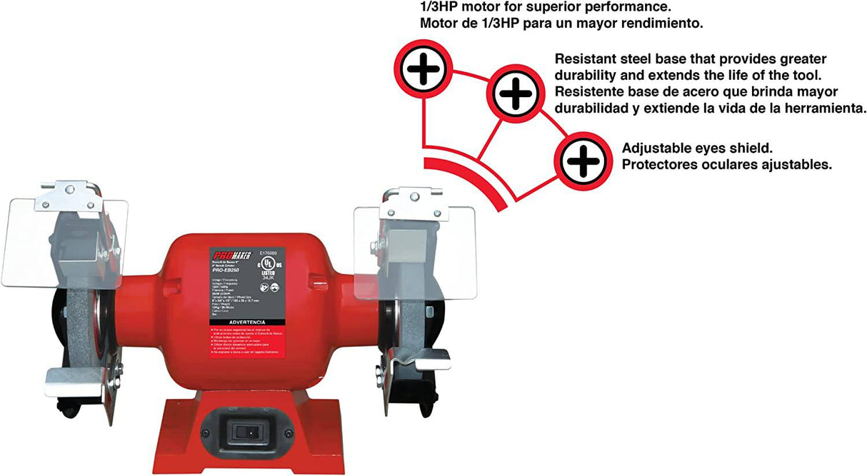 Amoladora de banco de 6 pulgadas PROMAKER 3400 RPM, 2.1AMP, 1/3 HP, amoladoras de banco eléctricas con dos protectores para los ojos y dos ruedas (grano grueso y grano medio). Amoladora de banco con soporte 2.1AMP PRO-EB250 - DIGVICE MX