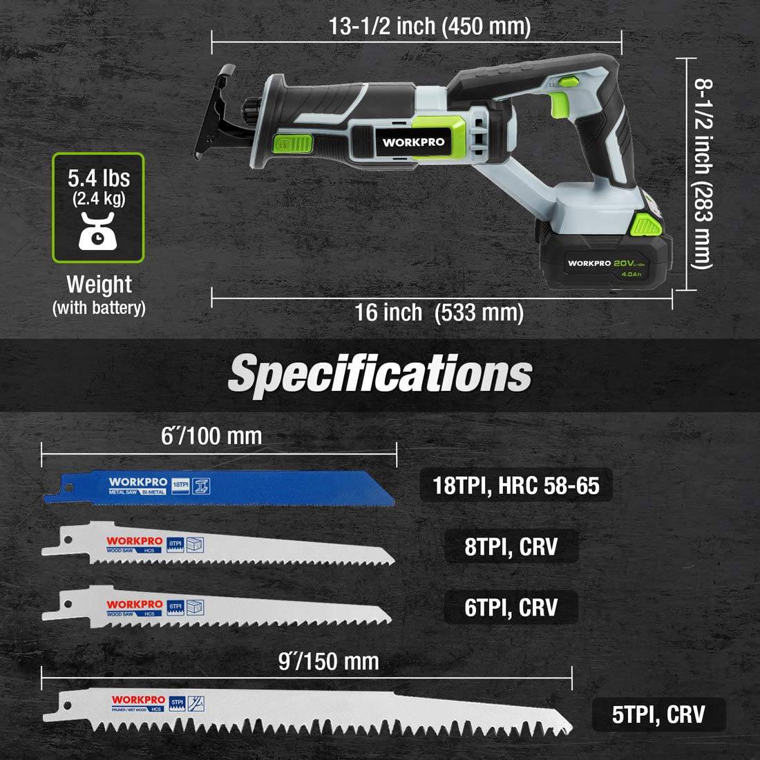 Sierra recíproca inalámbrica WORKPRO, batería de 20 V 4,0 Ah, longitud de carrera de 1 pulgada, 4 hojas de sierra para corte de madera y metal incluidas - DIGVICE MX