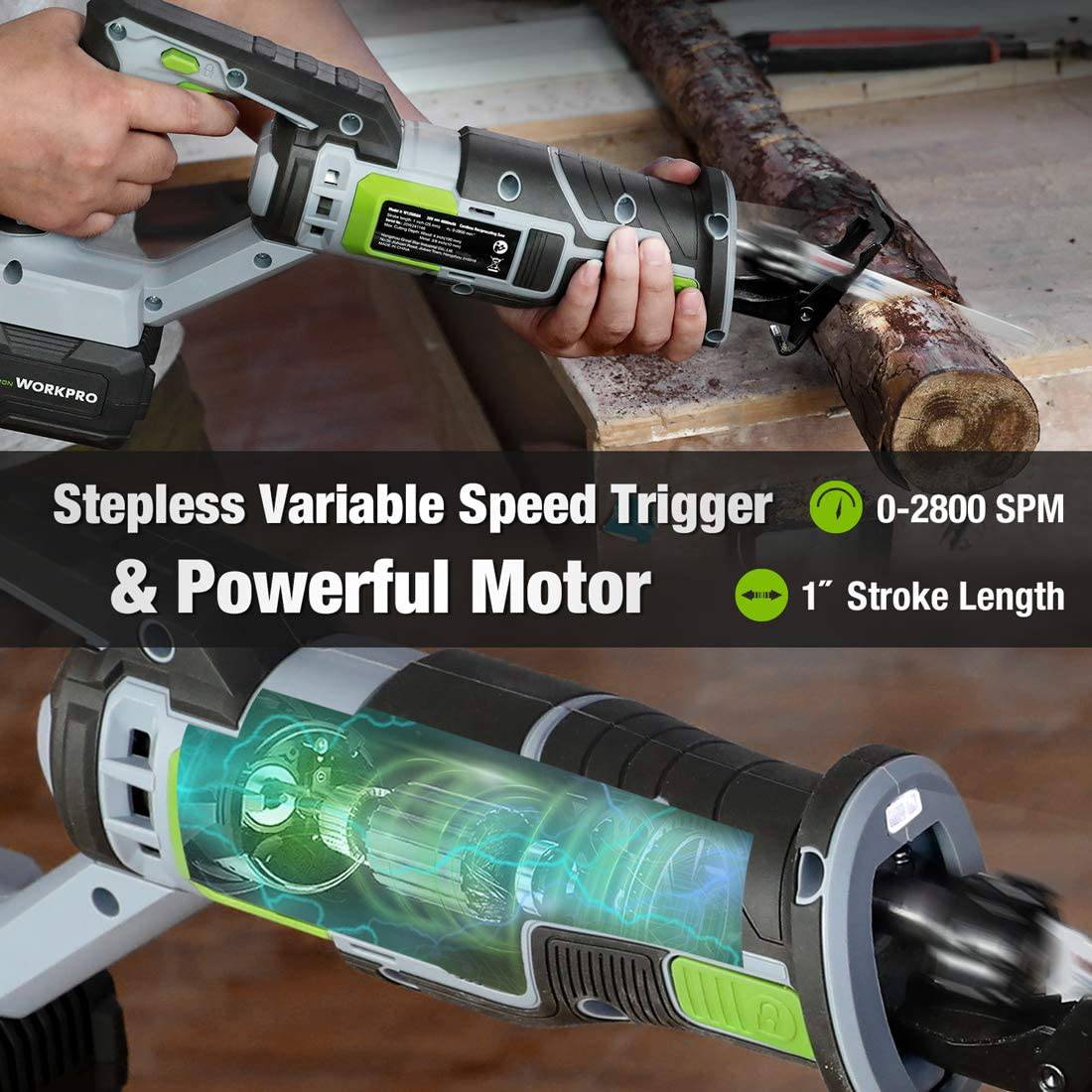 Sierra recíproca inalámbrica WORKPRO, batería de 20 V 4,0 Ah, longitud de carrera de 1 pulgada, 4 hojas de sierra para corte de madera y metal incluidas - DIGVICE MX