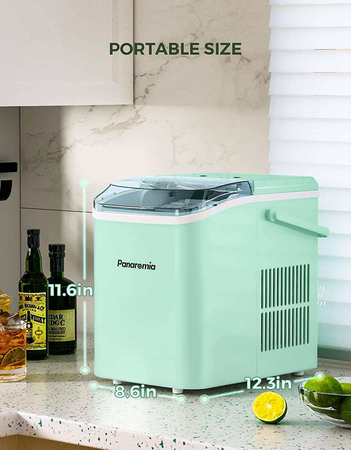 Panaromia - Encimera para máquina para hacer hielo, 27 libras en 24 horas, encimera para hacer hielo autolimpiante con asa, 9 cubos listos en 8 minutos, máquina para hacer hielo eléctrica con cuchara para hielo y cesta Hogar/Cocina/Oficina - DIGVICE MX