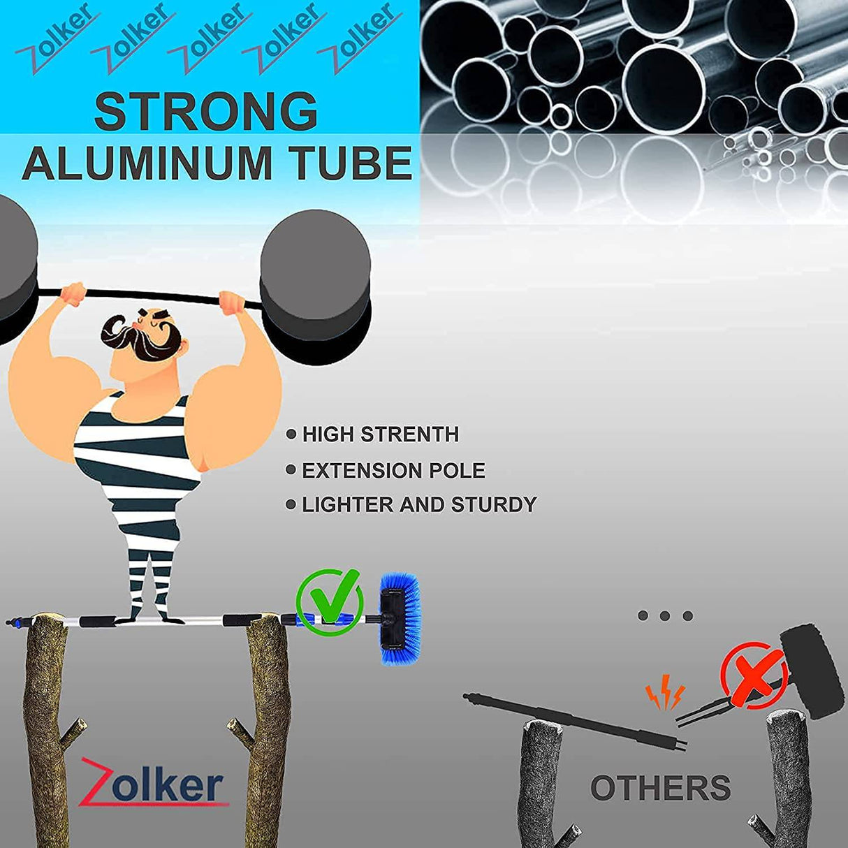 Zolker 5-12 pies (alcance de 20 pies) flujo a través del cepillo de lavado de autos, mango largo