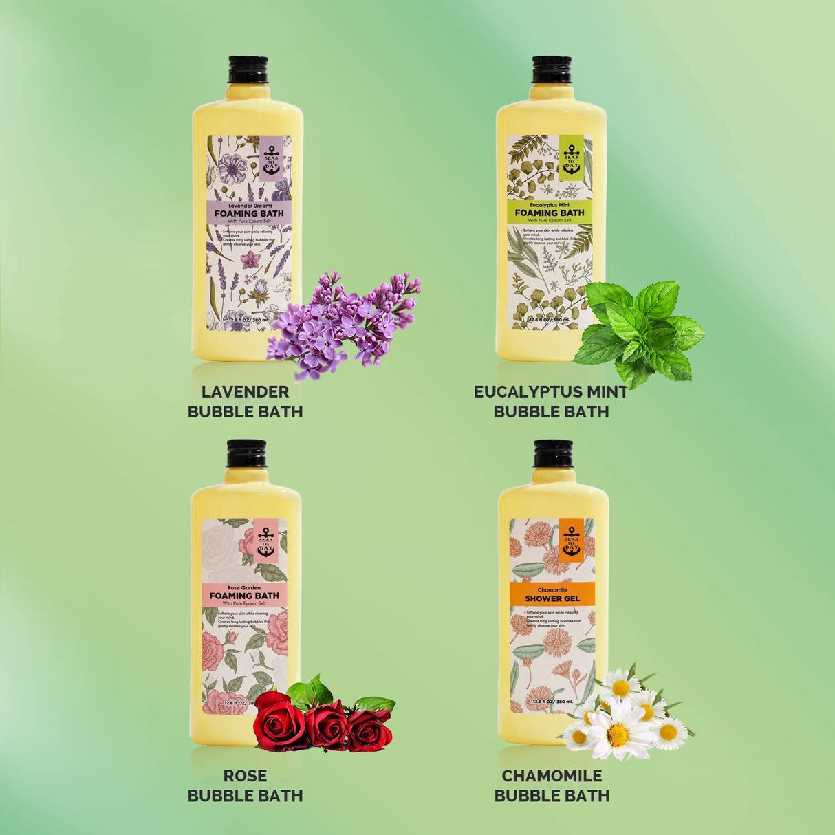 Seas the Day - Baño de burbujas, baño espumoso con sal pura de Epsom, rosa, lavanda, manzanilla y eucalipto, aroma a menta, paquete de 4 51.2 fl oz