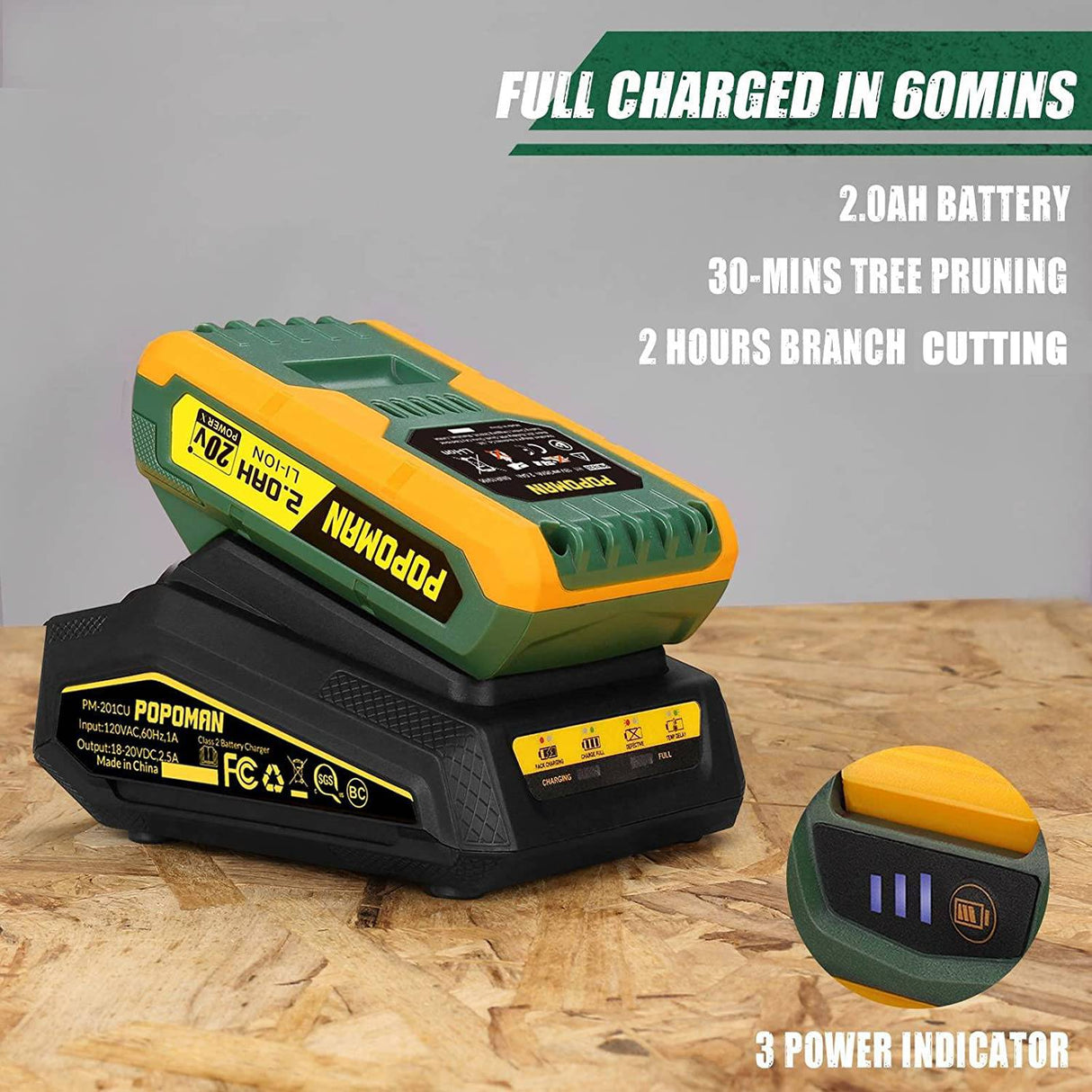 POPOMAN PMRS01D Sierra de sable inalámbrica de 20 V con mordaza de sujeción, velocidad variable de 0 a 2800 SPM, con batería de 2,0 Ah y cargador rápido de 1 H, longitud de carrera de 4/5" (20 mm), 3 cuchillas para corte de metal y madera - DIGVICE MX