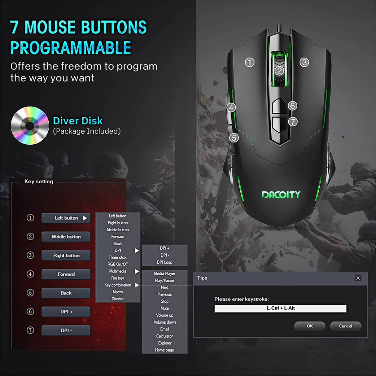 Dacoity - Ratón para juegos con cable, ratón para juegos de PC Gamer Mouse RGB LED 7200 DPI 7 botones programables Plug Play - Negro