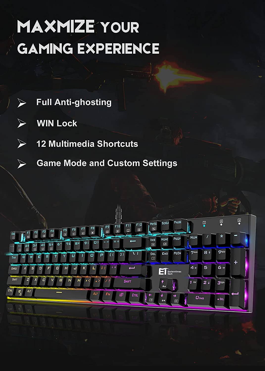 MIQ - Teclado mecánico para juegos, teclado RGB con cable de 104 teclas con interruptor azul, retroiluminación RGB programable para PC para juegos con Windows