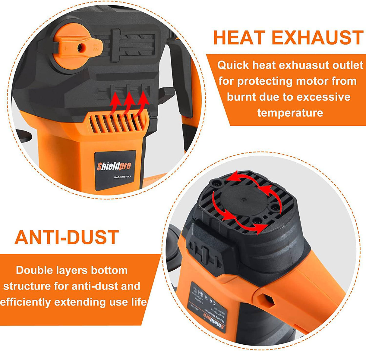 SHIELDPRO Taladro percutor rotatorio SDS-Plus de 1-1/4 pulgadas, 13 A, resistente, embrague de seguridad, 3 funciones con control de vibración, que incluye grasa, cinceles planos, cinceles de punta y 3 brocas - DIGVICE MX