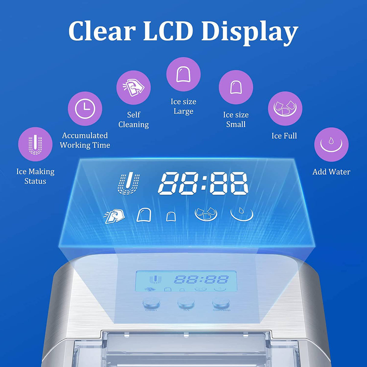 LEUWD - Máquina para hacer hielo en la encimera, 9 cubitos de hielo de bala listos en 6 minutos, cubitos de hielo de 22 libras en 24 horas, autolimpieza, pantalla LCD, máquina de hielo eléctrica de acero inoxidable de 2,1 l con pala de hielo - DIGVICE MX