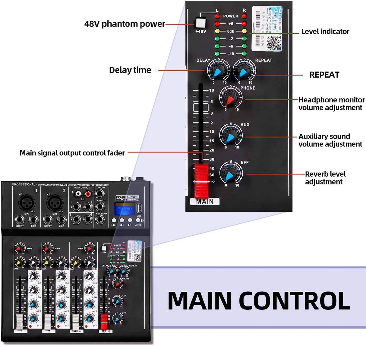 Depusheng HT4 Consola de DJ digital portátil profesional compatible con Bluetooth con mezclador de 4 canales USB Placas de mezcla de interfaz de audio para grabación de estudio, negro