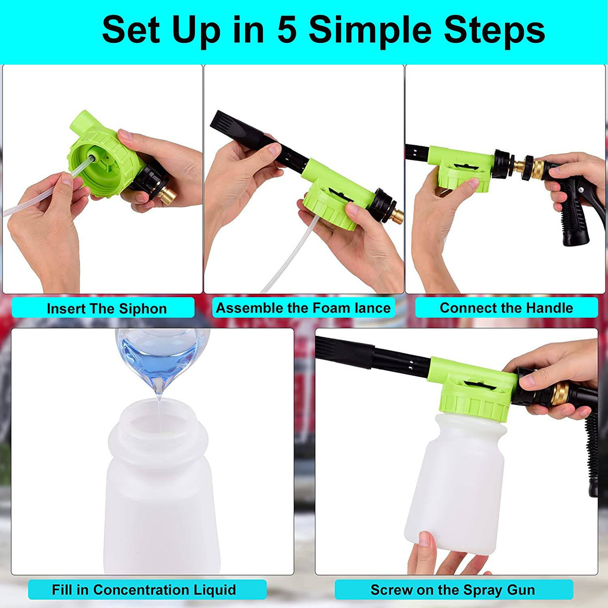 Fitosy Kit de lavado de autos con pistola de espuma, pistola de espuma de lavado de autos con toallas de microfibra, cepillo para ruedas de autos y guantes de microfibra para limpieza de autos,