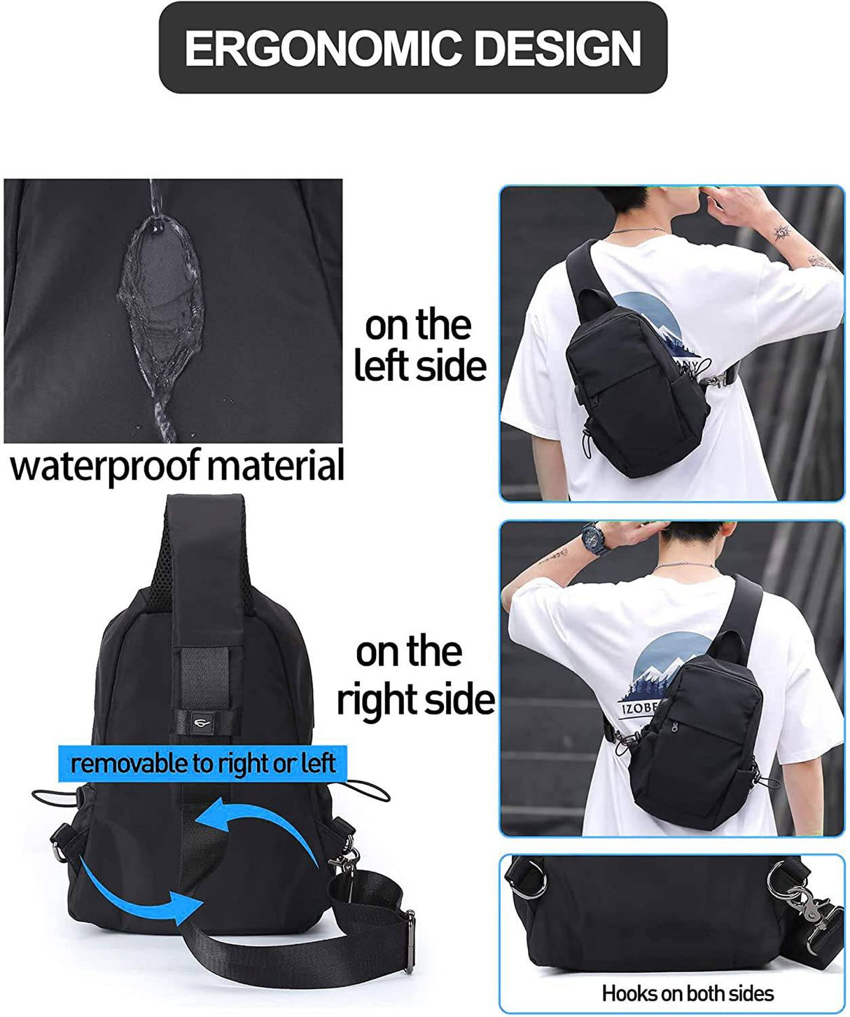 SEAFEW - Mochila pequeña negra con bandolera para hombres y mujeres, mochila ligera con una correa, puerto de carga USB, nailon