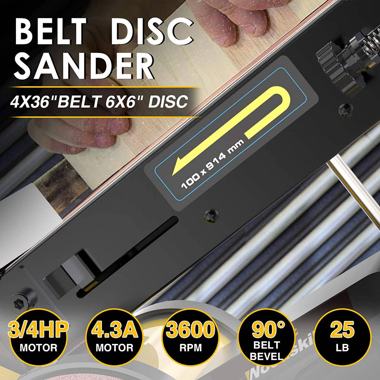 Lijadora de banda Woodskil 4.3A 3/4HP 4 x 36 pulgadas. de 6 pulgadas con 2 piezas de papel de lija Base de acero y mesa de trabajo de aluminio, motor de inducción proporciona hasta 3600 RPM, puerto de escape de polvo doble incluido - DIGVICE MX