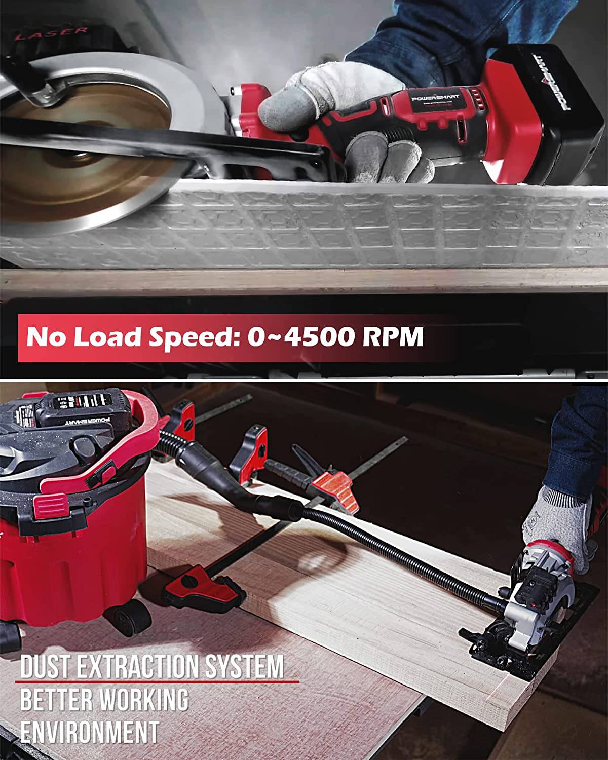 Sierra circular inalámbrica PowerSmart, minisierra circular inalámbrica de 20 V y 4-1/2 pulgadas, 4500 RPM, guía láser y paralela, 4 cuchillas para madera, metal blando y azulejos, batería de 4,0 Ah y cargador rápido incluido - DIGVICE MX