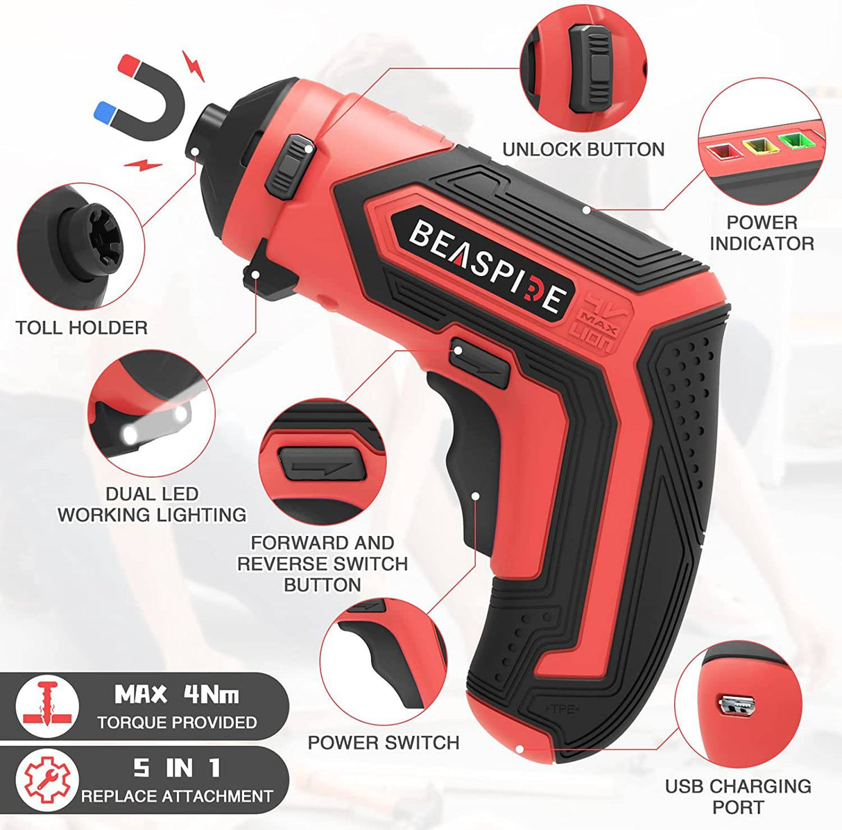 Beaspire Kit de destornillador inalámbrico multifunción 5 en 1, destornillador eléctrico magnético recargable eléctrico de 4 V 1,5 Ah, con 26 puntas de destornillador y extensión de broca, accesorio y bolsa de transporte - DIGVICE MX