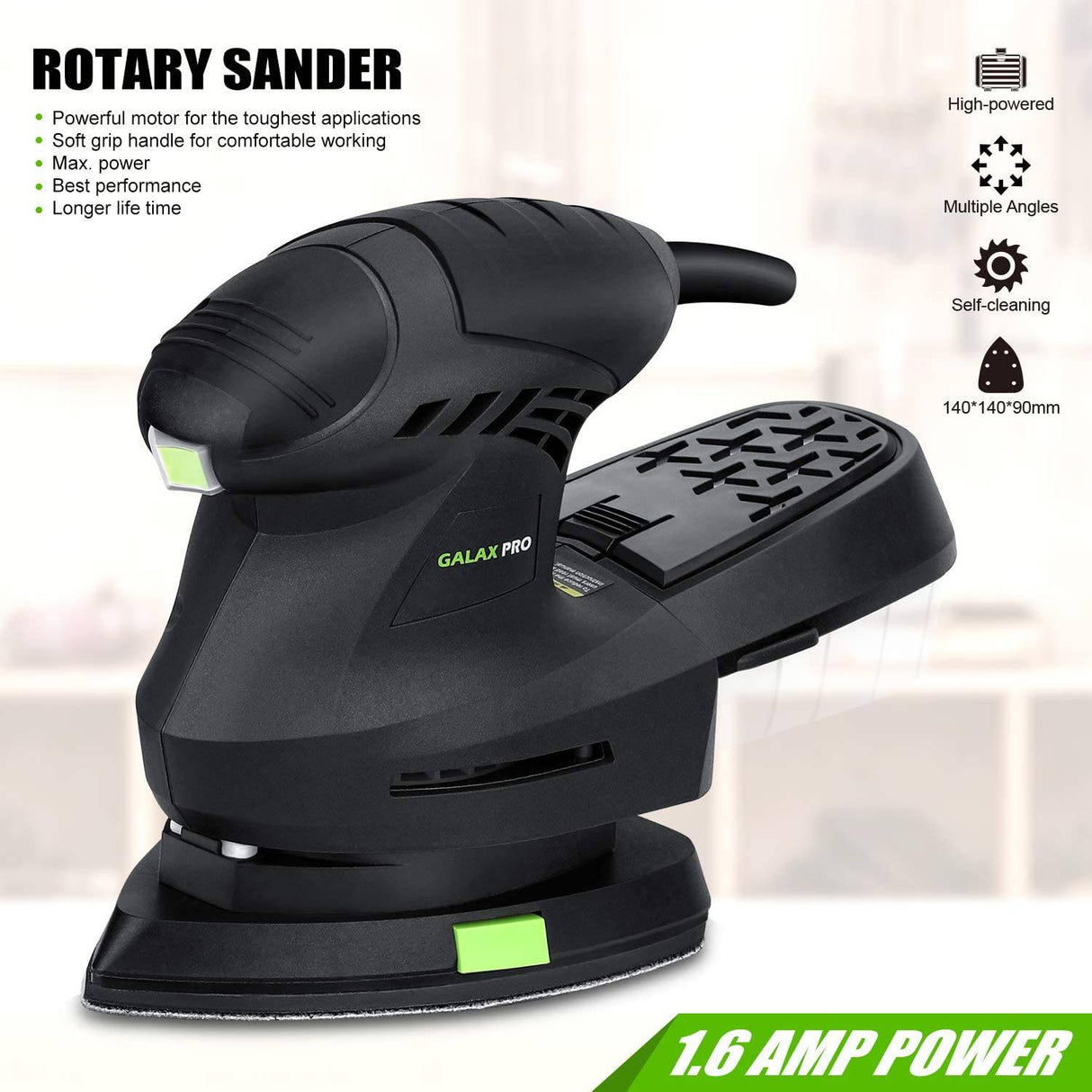 Lijadora orbital eléctrica GALAX PRO, lijadora de detalle de 12000 OPM con 10 piezas de papel de lija, lijadora manual de 1,6 A con cable de alimentación y sistema de recolección de polvo (QD6306C) - DIGVICE MX