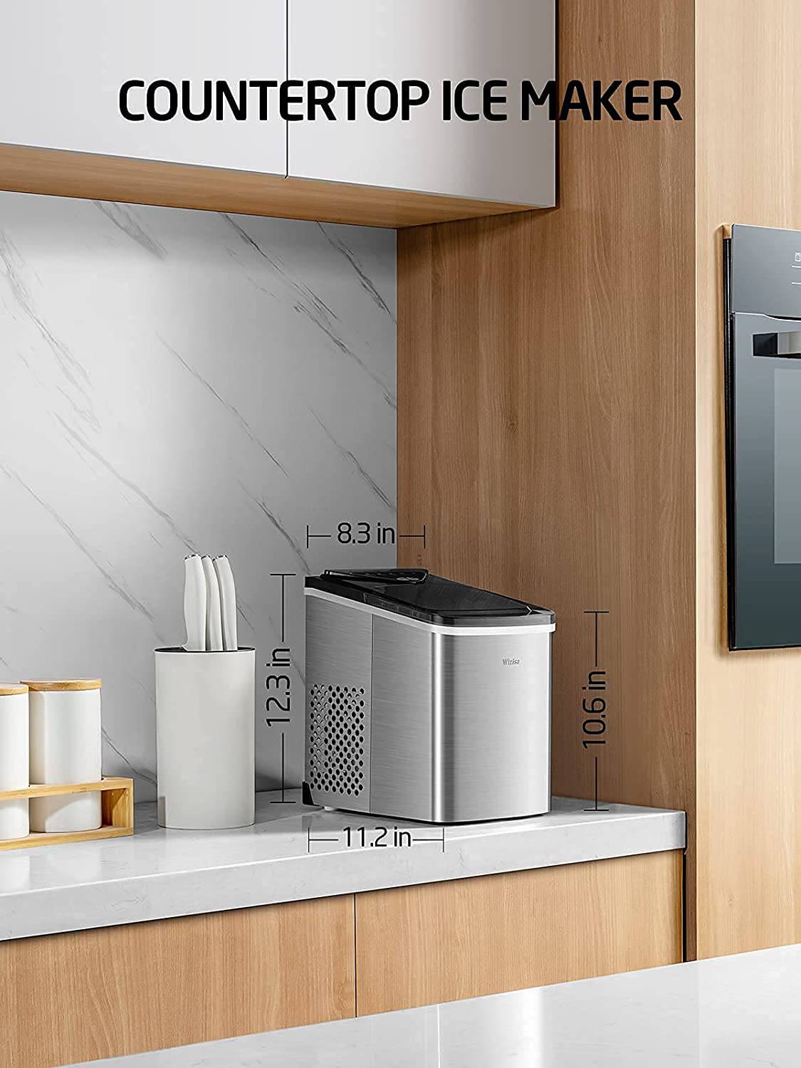 WIZISA - Máquina para hacer hielo para encimera, 9 cubitos de hielo de bala listos en 6 minutos, 26 libras en 24 horas, máquina portátil para hacer hielo autolimpiante, 2 tamaños de hielo en forma de bala para el hogar, cocina, oficina, bar, fiesta - DIGVICE MX