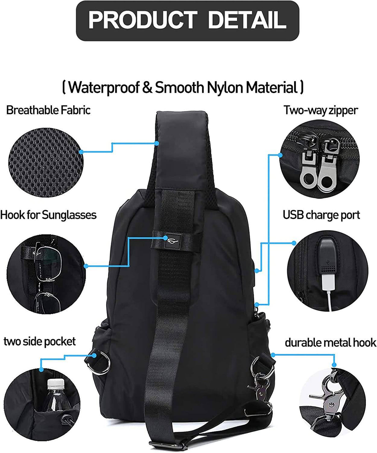 SEAFEW - Mochila pequeña negra con bandolera para hombres y mujeres, mochila ligera con una correa, puerto de carga USB, nailon