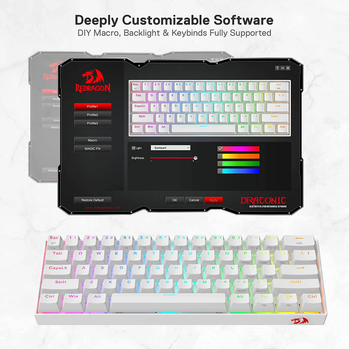 Redragon K530 Pro Draconic - Teclado mecánico 60 % inalámbrico RGB, Bluetooth/2,4 GHz/con cable, 3 modos, 61 teclas