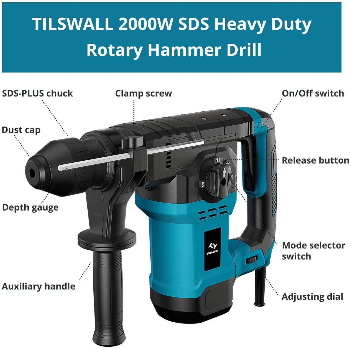 Taladro percutor Tilswall SDS-Plus de 1500 W, 4 funciones y mango de agarre suave ajustable con control de vibración, rompedor de hormigón, incluye 3 brocas, punta y cincel plano con estuche - DIGVICE MX