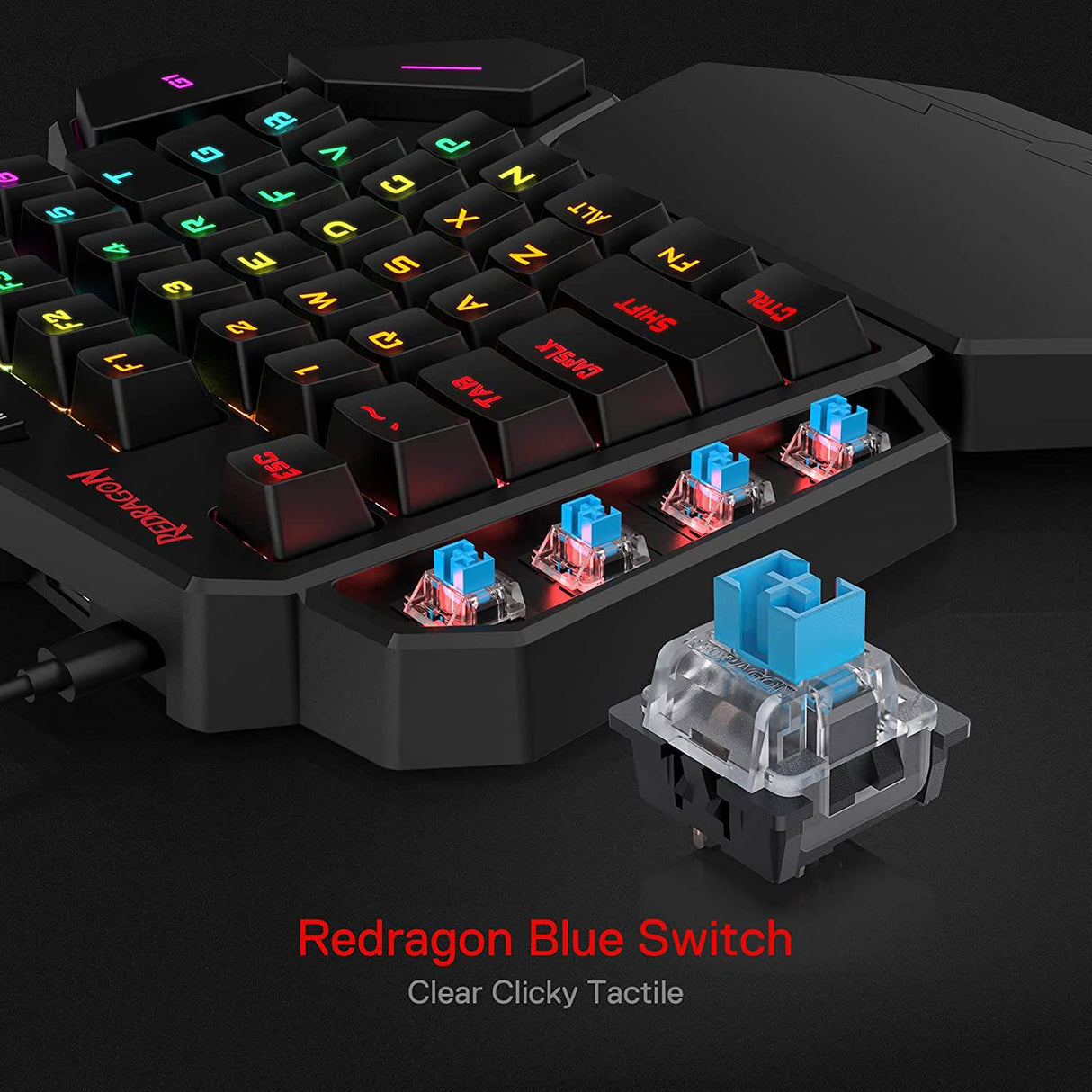 Redragon K585 DITI Teclado mecánico para juegos RGB con una sola mano, teclado para juegos profesional tipo C con 7 teclas macro integradas, reposamuñecas desmontable, 42 teclas (interruptor negro-azul)