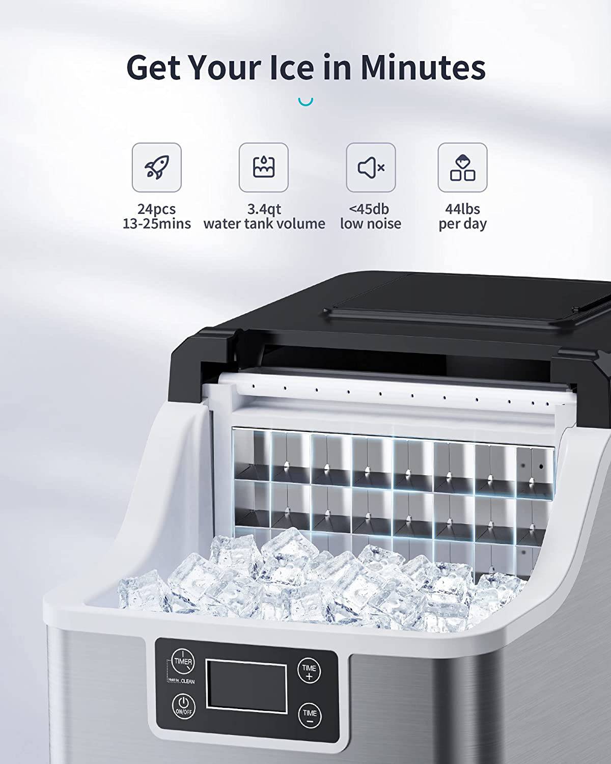 Ecozy - Encimera portátil para hacer hielo, 44 libras por día, 24 cubos listos en 13 minutos, 2 formas de añadir agua, máquina de hielo autolimpiante - DIGVICE MX