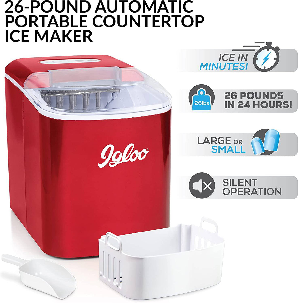Igloo ICEB26RR Máquina automática portátil eléctrica para hacer hielo en la encimera, 26 libras en 24 horas, 9 cubitos de hielo listos en 7 minutos, con pala de hielo y cesta - DIGVICE MX