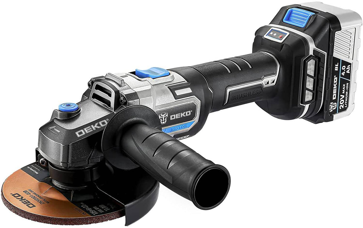 DEKOPRO Herramienta de amoladora angular, almohadilla de 4-1/2"/5", inalámbrica de 20 V con batería y cargador de 4,0 Ah, motor sin escobillas de 3000/8500 RPM, 2 ruedas de molienda y corte, herramienta de batería para madera de metal - DIGVICE MX