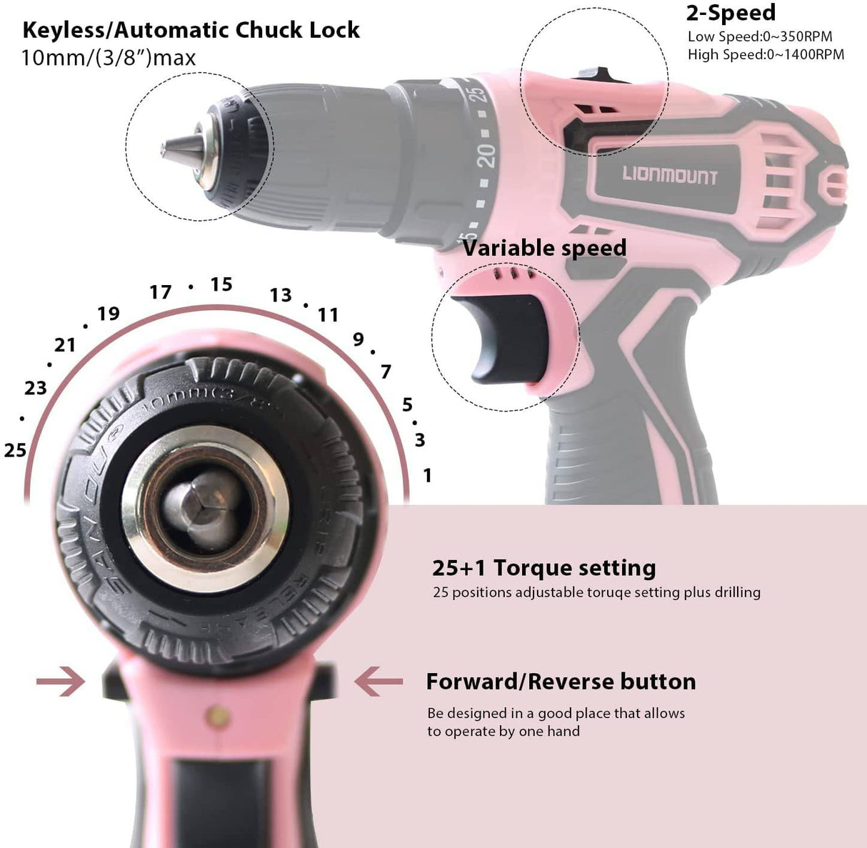 Kit de taladro inalámbrico, kit de taladro Lionmount de 12 V, kit de 21 unidades, par máximo de 40 Nm, taladro inalámbrico con cargador para mejoras del hogar y proyectos de bricolaje - DIGVICE MX