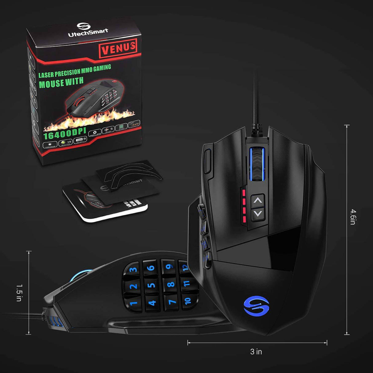 UtechSmart Venus Gaming Mouse RGB con cable, 16400 DPI Alta precisión láser programable MMO Computer Gaming Mouse