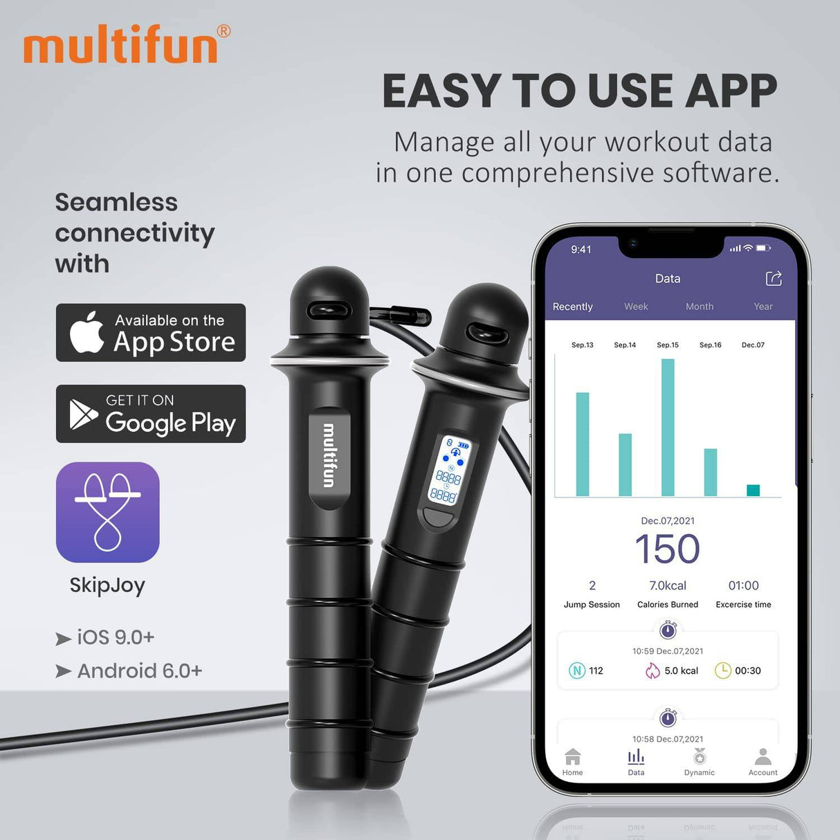 Multifun - Cuerda de saltar: cuerda de saltar inteligente multifunción con análisis de datos de aplicaciones, contador de calorías, cuerdas de saltar de Fitness para gimnasio en casa