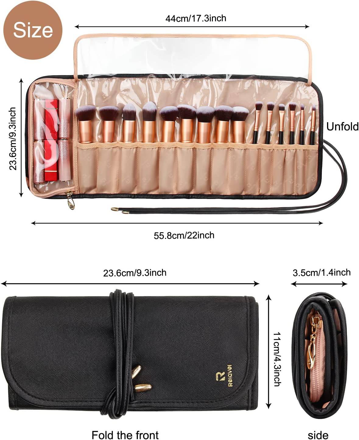 Relavel - Estuche para brochas de maquillaje Estuche para brochas de maquillaje, Estuche de cuero negro con bolsa transparente pequeña