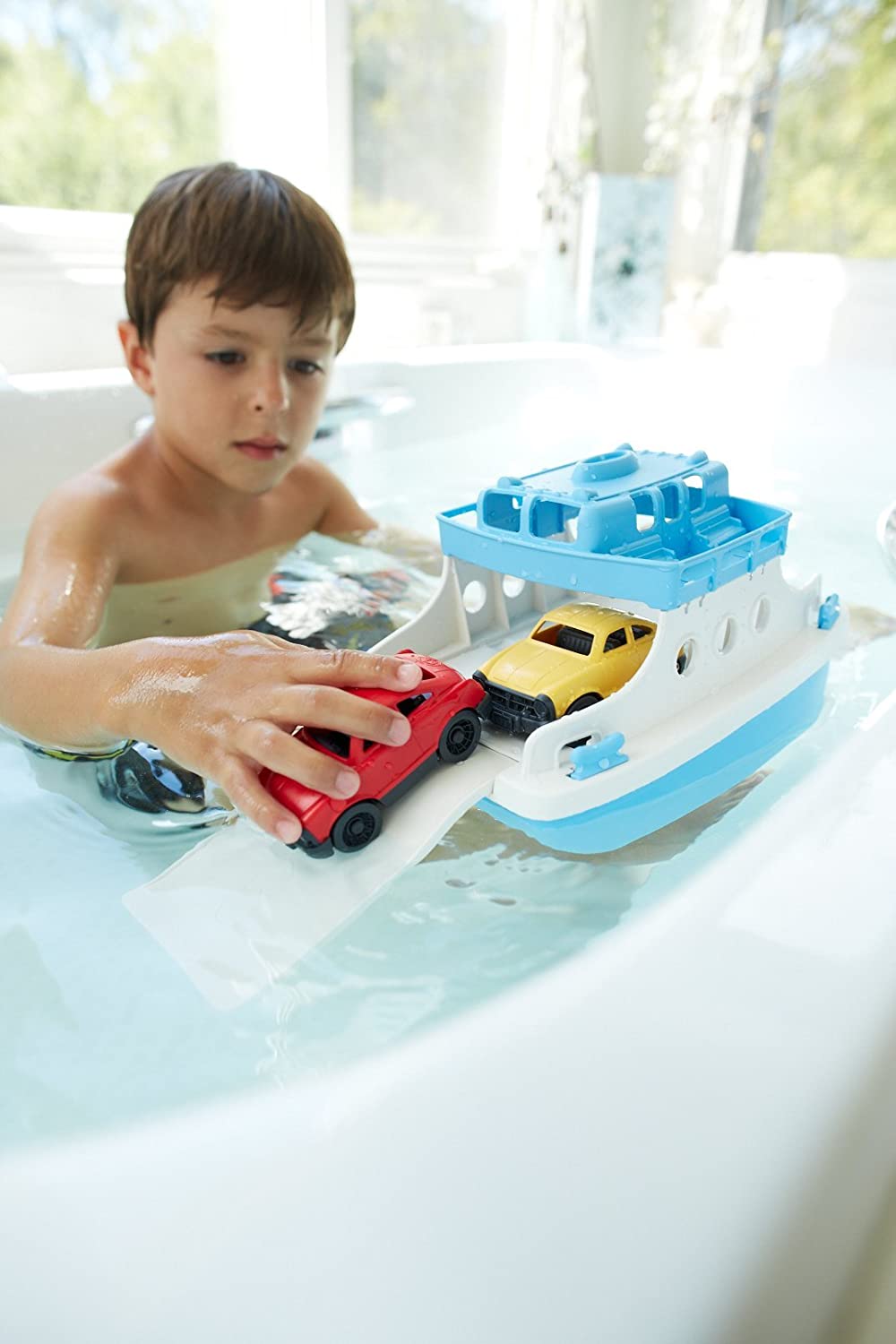 Green Toys Ferry Boat con mini coches de juguete para bañera, azul/blanco - FRBA-1038