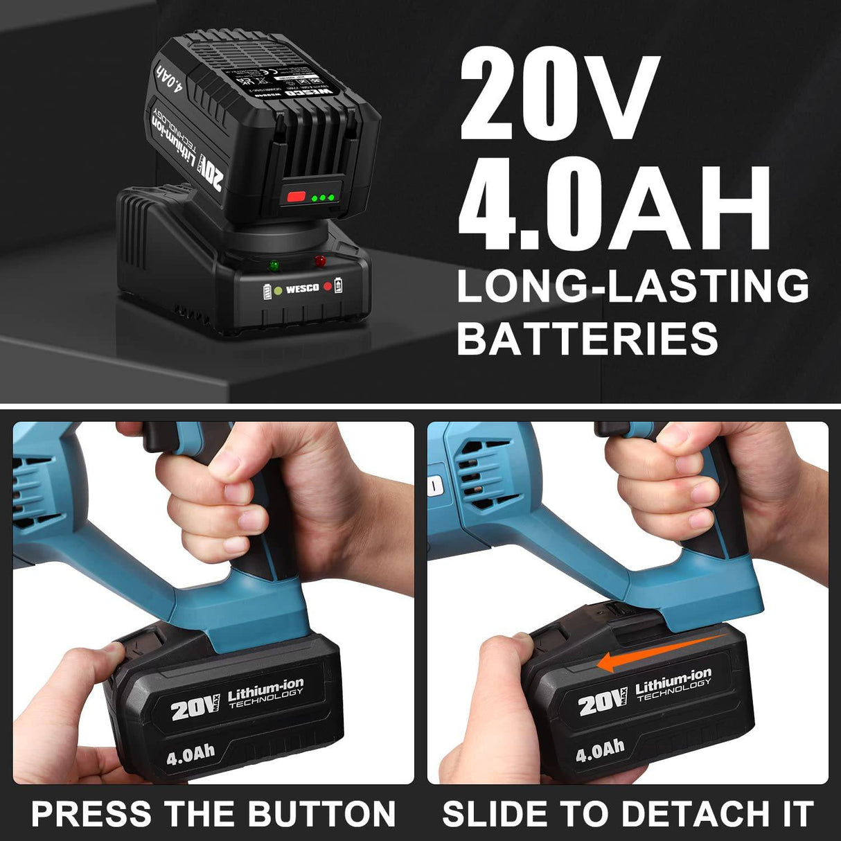 WESCO Sierra de sable inalámbrica de 20 V con 1 batería de 4,0 Ah, 6 hojas de sierra, velocidad variable 3000 SPM, longitud de carrera de 3/4", cambio de hoja sin herramientas - DIGVICE MX