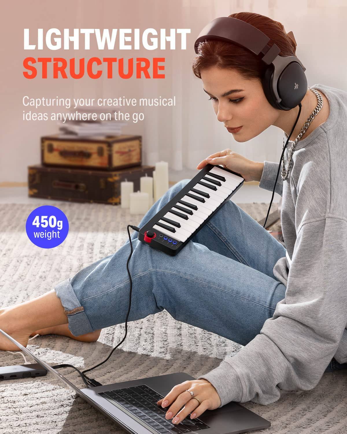 Donner - Controlador de teclado MIDI USB de 25 teclas, Donner N-25 con teclas sensibles a la velocidad y balancín iluminado para iPhone, iPad, Mac y PC, teclado MIDI portátil pequeño
