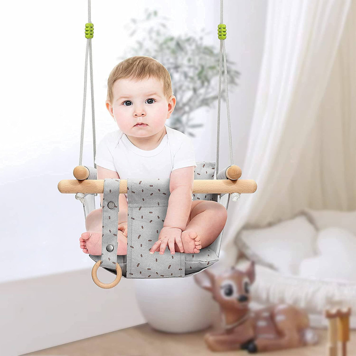 Milan Secure lona y madera para bebé, columpio colgante para interior y exterior, columpios de 6 a 36 meses con anillo de madera natural y cinturón de seguridad seguro, gris claro - DIGVICE MX