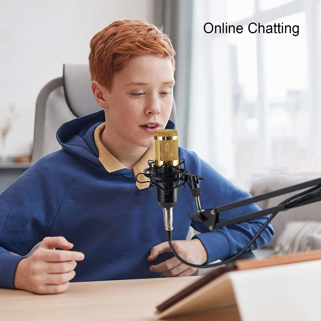ZINGYOU - Micrófono de condensador, kit de micrófono BM-800 con brazo de tijera de suspensión de micrófono ajustable, soporte de choque de metal y filtro pop de doble capa para grabación y transmisión de estudio (dorado)