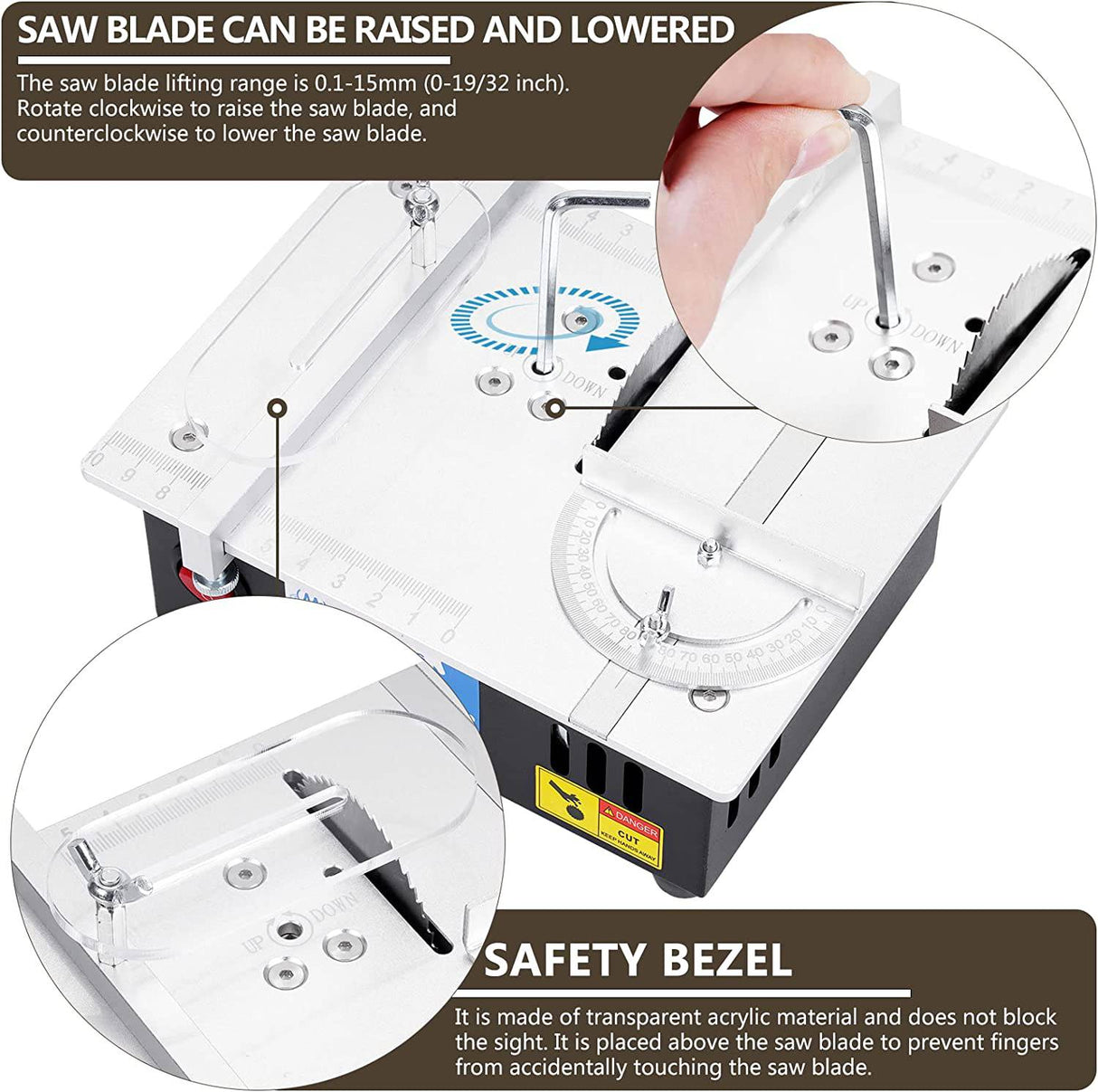 MXBAOHENG Mini sierra de mesa de precisión portátiles para manualidades, profundidad de corte ajustable, 4 cuchillas, fuente de alimentación de velocidad ajustable de 96 W, para corte de madera, metal y plástico - DIGVICE MX
