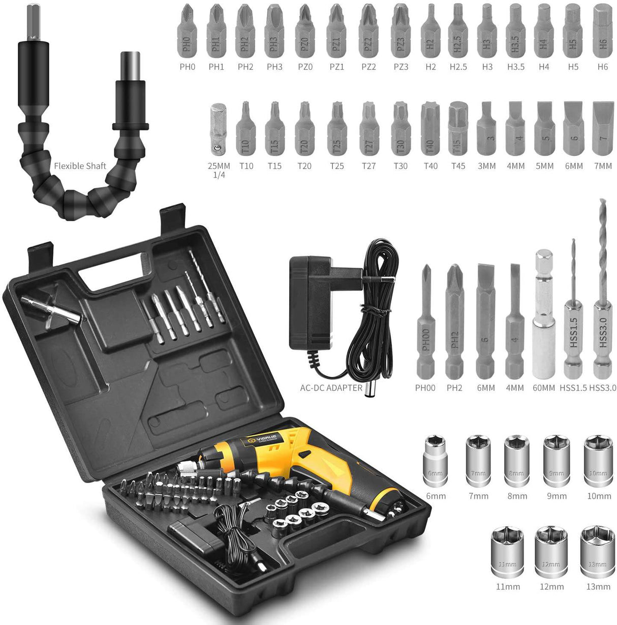 Destornillador inalámbrico VIGRUE, destornillador eléctrico recargable con juego de 48 piezas, indicador de batería, 7 ajustes de par, mango de 2 posiciones con luz LED, eje flexible - DIGVICE MX