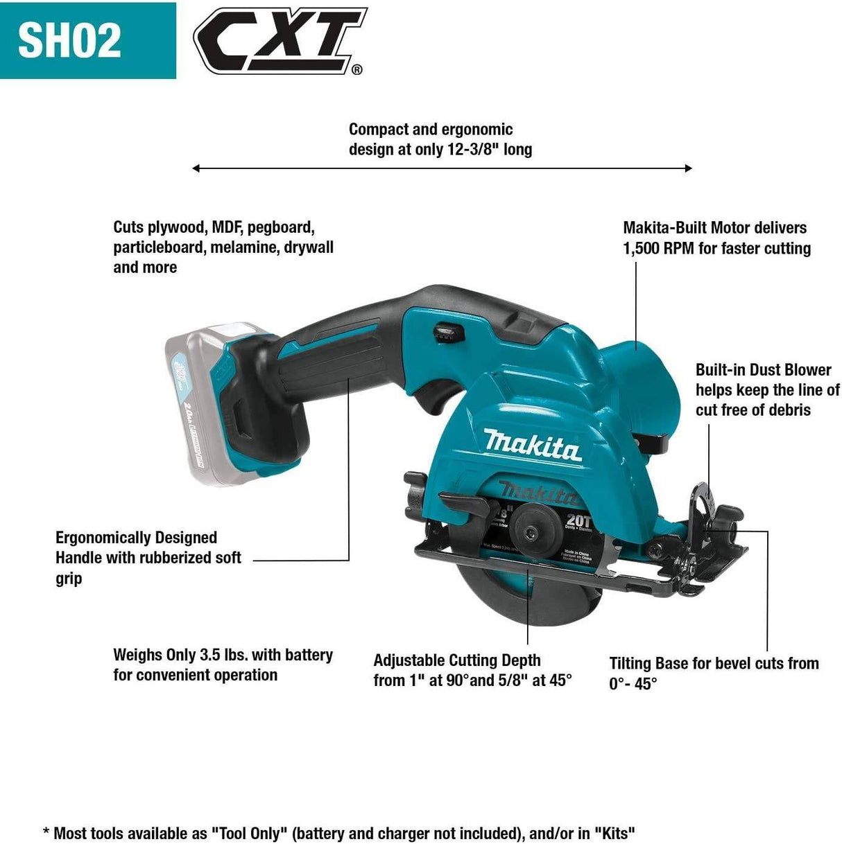 Makita SH02Z 12V Max CXT Sierra circular inalámbrica de iones de litio, 3-3/8", verde azulado - DIGVICE MX