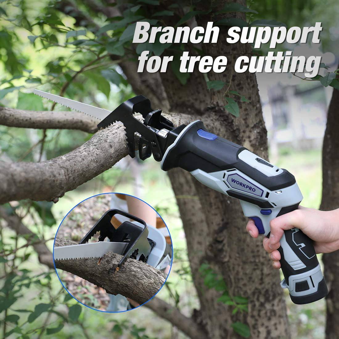 WORKPRO Sierra alternativa inalámbrica de 12 V con mordaza de sujeción, batería de iones de litio de 2 Ah con cargador rápido de 1 hora, velocidad variable y cambio de hoja sin herramientas, 3 hojas de sierra para corte de madera y metal - DIGVICE MX