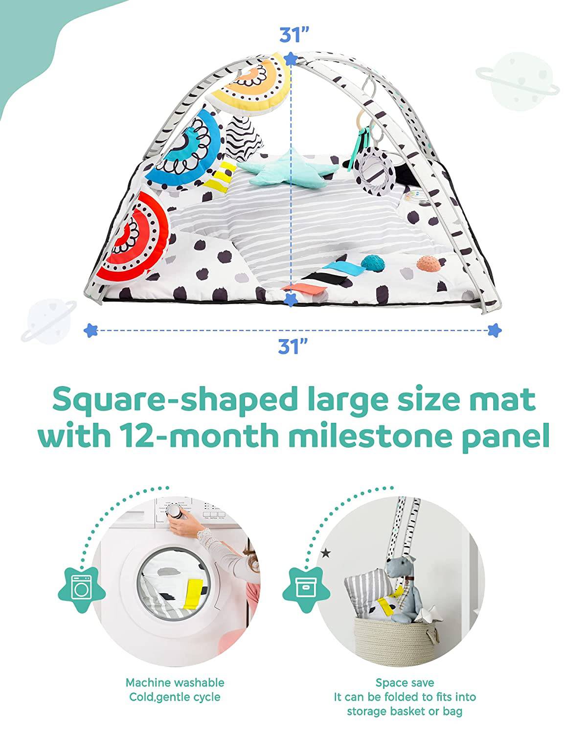 LADIDA Gimnasio de actividades multisensoriales basado en Satge para el desarrollo de la vista, el tacto y la audición, con tapete grande de 33 pulgadas Diseñado para recién nacidos y niños pequeños - DIGVICE MX