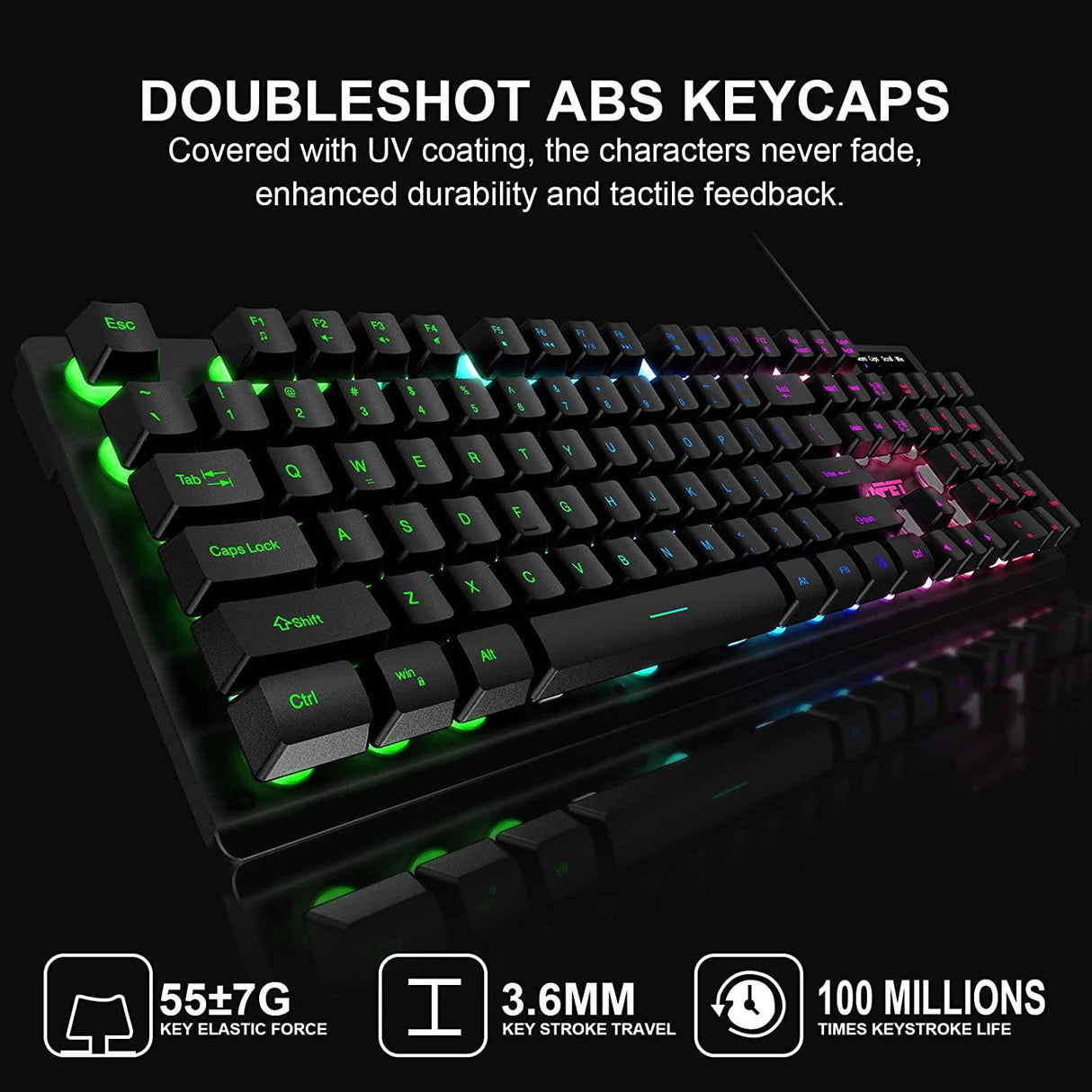 NPET K10 - Teclado para juegos, retroiluminación RGB, diseño resistente a derrames, teclas multimedia, teclado de membrana USB silencioso y silencioso para escritorio, computadora, PC (negro)