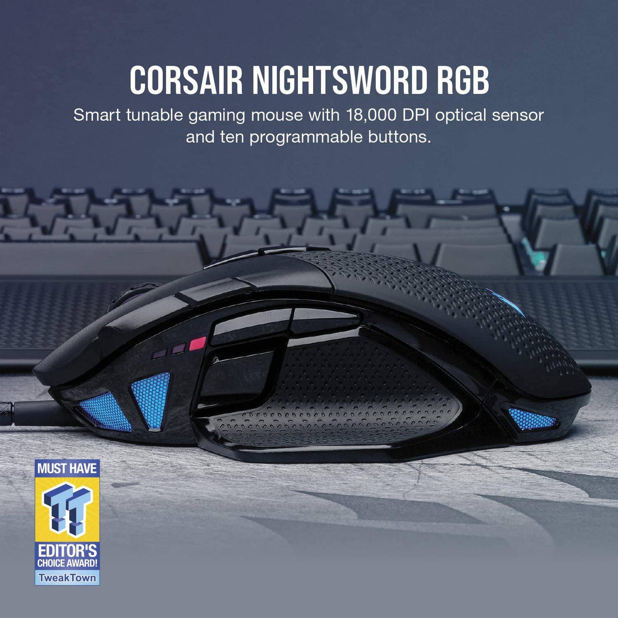 Corsair Nightsword RGB - Ratón óptico ergonómico para juegos FPS/MOBA ajustable con rendimiento cómodo con LED RGB retroiluminado, 18000 DPI, negro