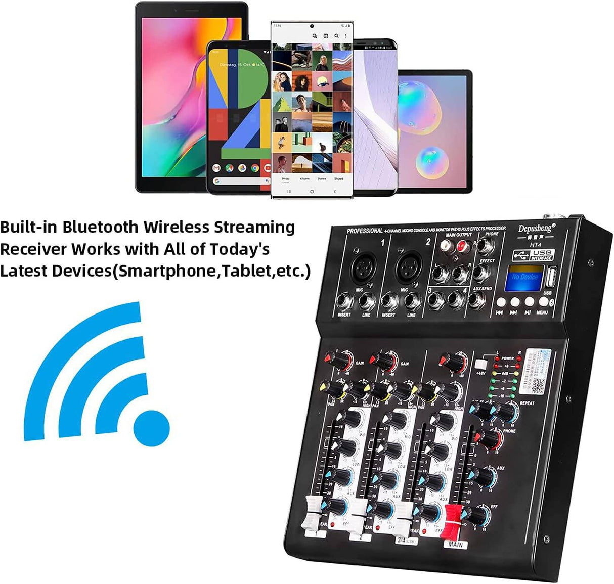 Depusheng HT4 Consola de DJ digital portátil profesional compatible con Bluetooth con mezclador de 4 canales USB Placas de mezcla de interfaz de audio para grabación de estudio, negro