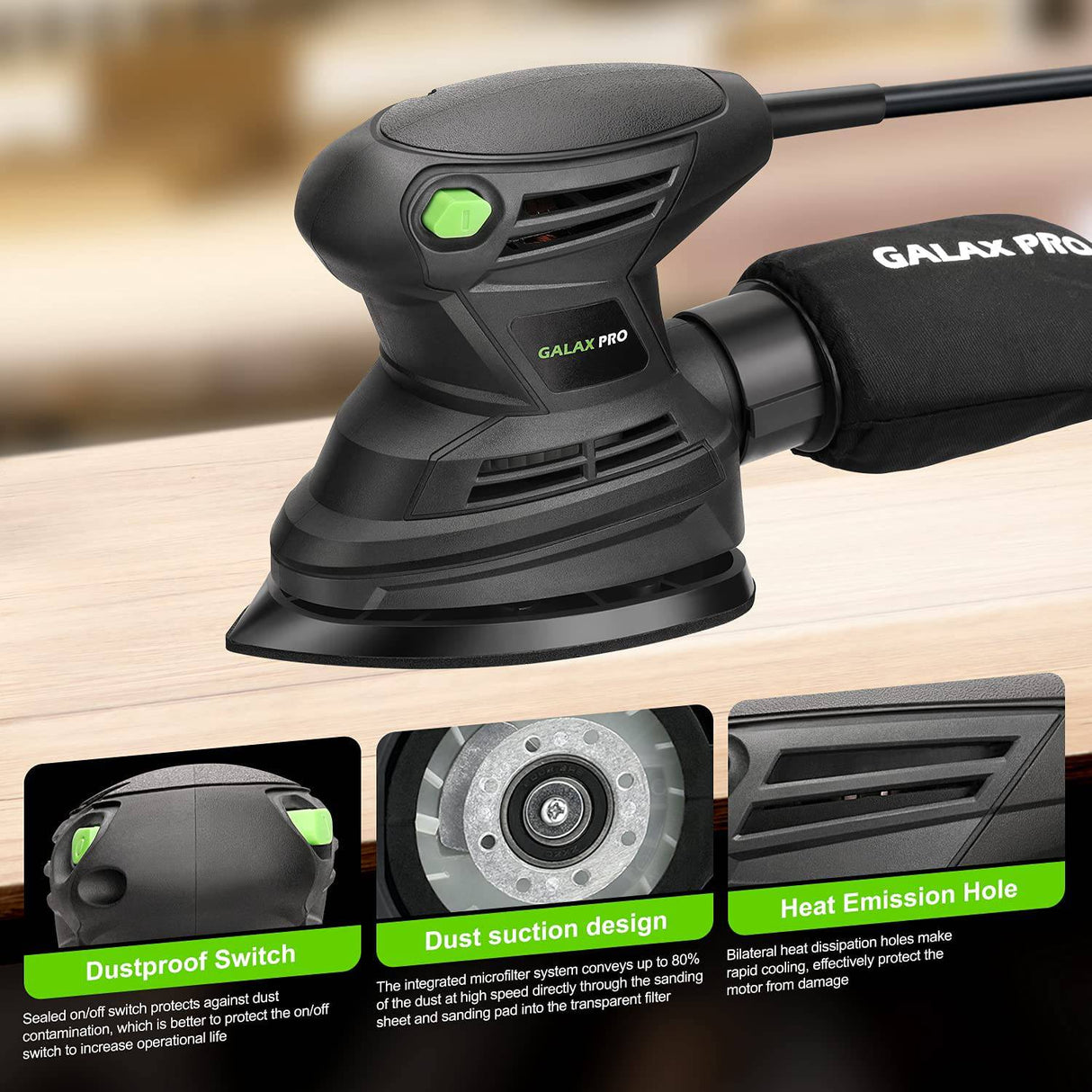 Lijadora de detalles GALAX PRO, lijadora eléctrica compacta de 1,7 A 15000 OPM con 20 lijas y bolsa para el polvo, mango de agarre suave en decoración del hogar y trabajo de bricolaje - DIGVICE MX