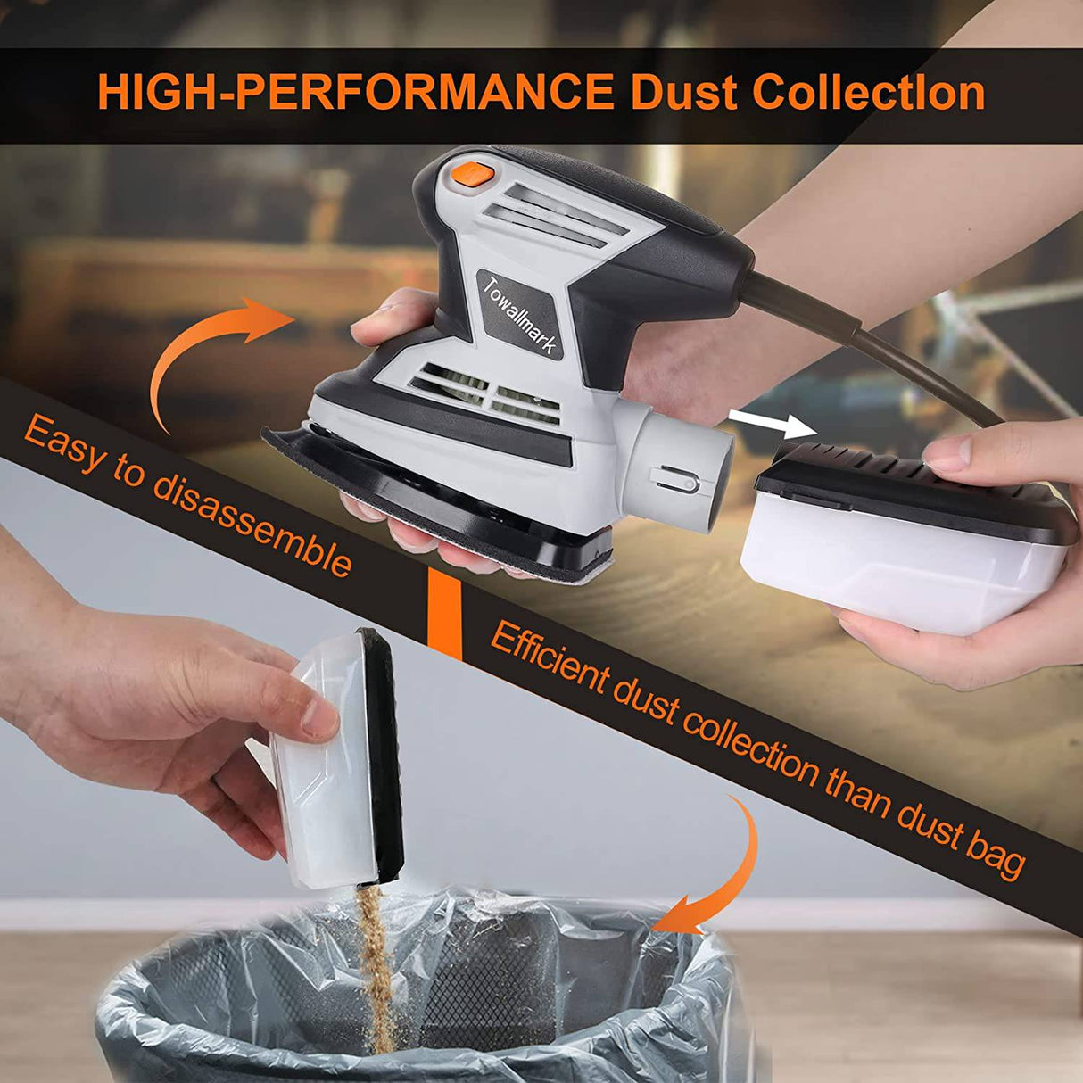 Towallmark - Lijadora de detalles 15,000 OPM Lijadora eléctrica compacta con 12 piezas de papel de lija, sistema eficiente de recolección de polvo, lijadora de mano multifunción para carpintería (1.7A, gris) - DIGVICE MX