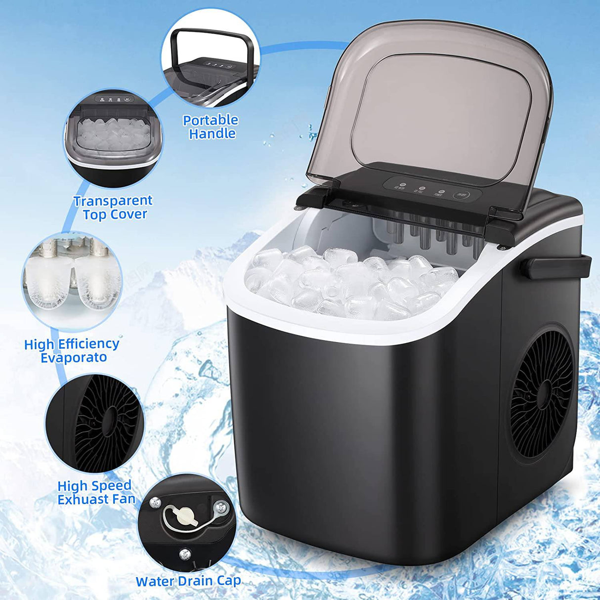 AGLUCKY Máquina para hacer hielo en la encimera, máquina portátil para hacer hielo con mango, máquina para hacer hielo autolimpiante, 26 libras/24 horas, 9 cubitos de hielo listos en 8 minutos, para el hogar/oficina/cocina - DIGVICE MX
