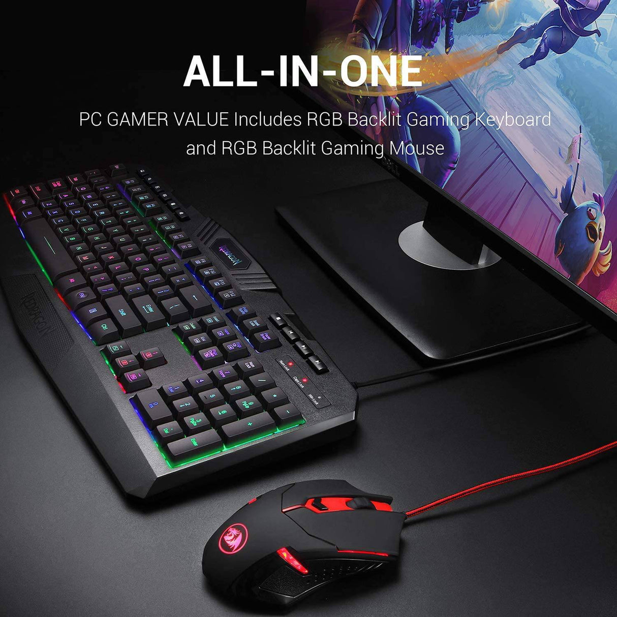 Redragon S101 Combo de teclado y mouse para juegos con cable Teclado retroiluminado RGB para juegos con teclas multimedia Reposamuñecas y mouse para juegos retroiluminado rojo 3200 DPI para jugadores de PC con Windows (negro)
