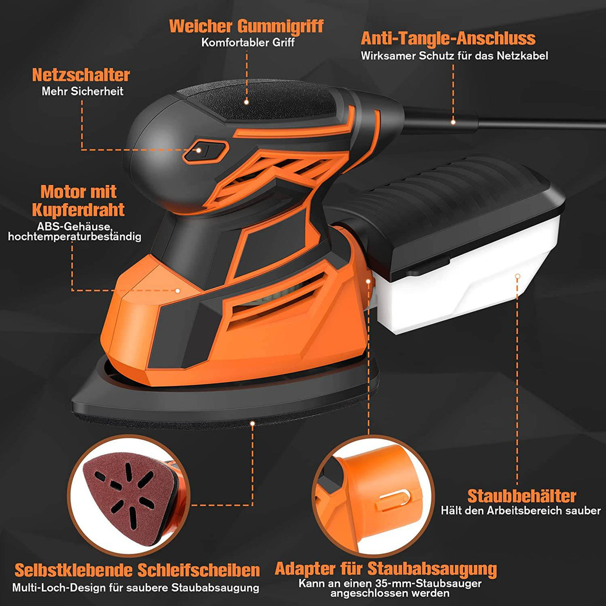 Vastar - Lijadora de detalles de ratón, herramienta de lijadora eléctrica compacta multifuncional con sistema de recolección de polvo de alta eficiencia y papel de lija de 24 piezas, adecuada para lijar, pulir, eliminar pintura, imperfecciones - DIGVICE MX