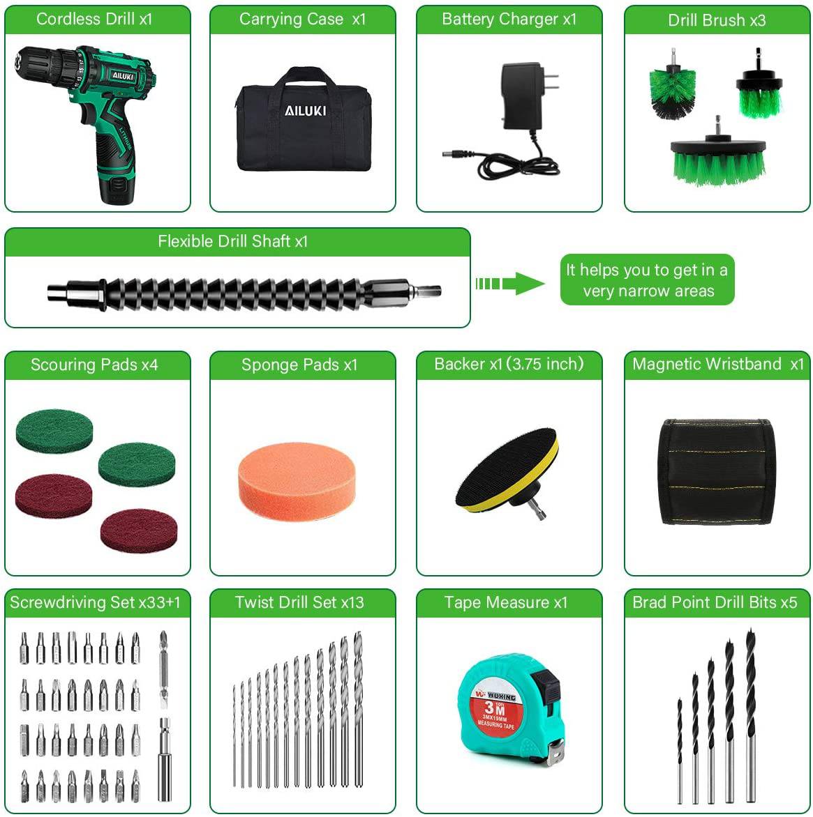 AILUKI Kit de taladro inalámbrico, juego de 67 brocas de 12 V, batería de iones de litio, cepillos de pulsera magnética, cinta métrica, taladro máximo de 280 pulgadas en libras, mandril sin llave de 3/8 pulgadas, embrague de metal 25+1 y LED integrado - DIGVICE MX